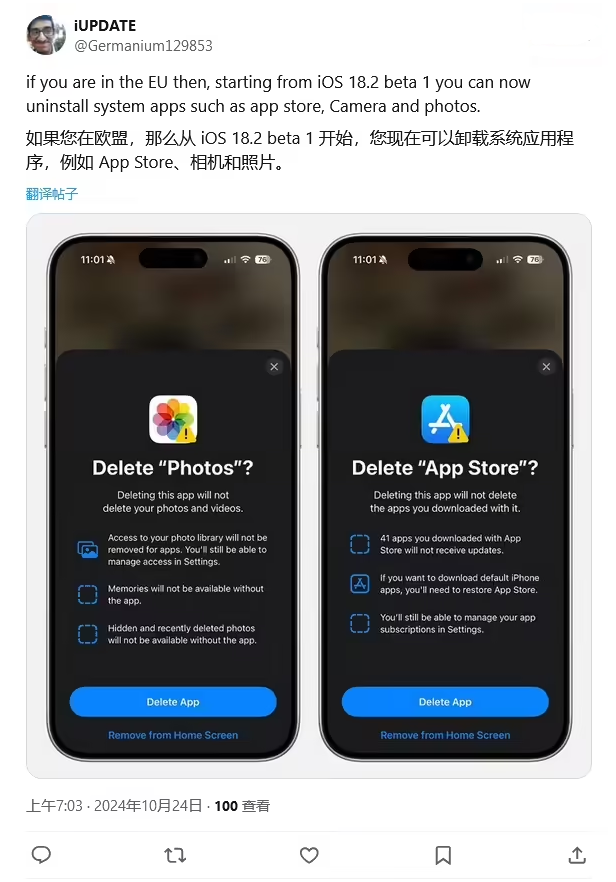 特克斯苹果手机维修分享iOS 18.2 支持删除 App Store 应用商店 