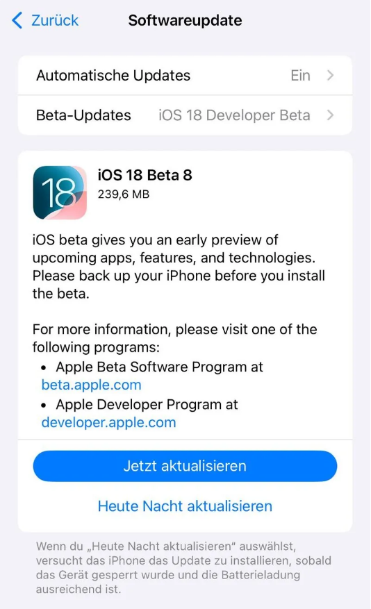 特克斯苹果手机维修分享苹果 iOS / iPadOS 18 开发者预览版 Beta 8 发布 